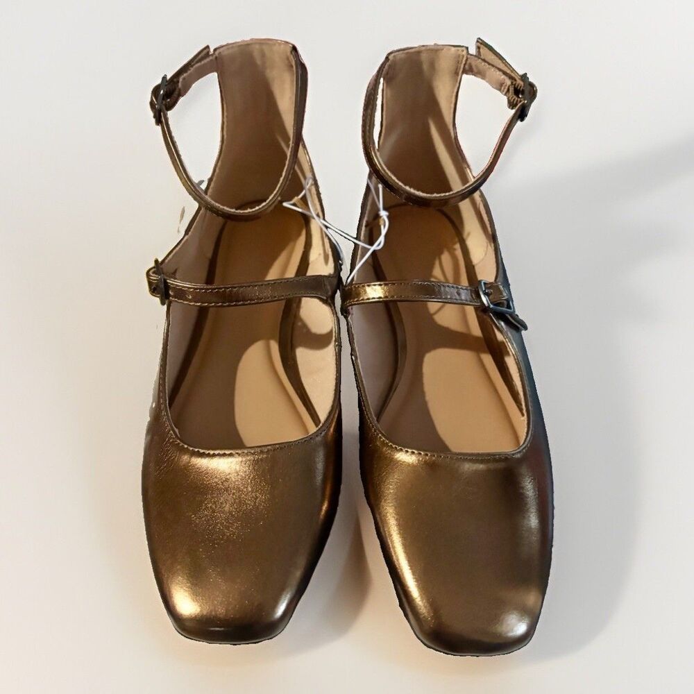 NWT Old Navy Double Strap Faux Leather Metallic Bronze Mary Jane Flats Size 7.5 - Picture 2 of 9